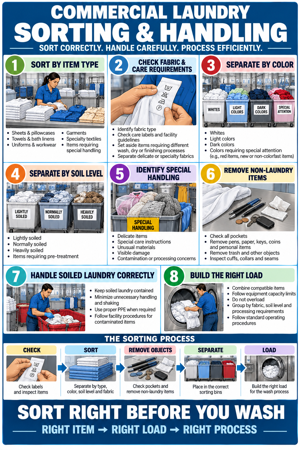 Commercial laundry sorting and handling poster showing how to sort linens by item type, color, soil level, fabric care and special handling needs