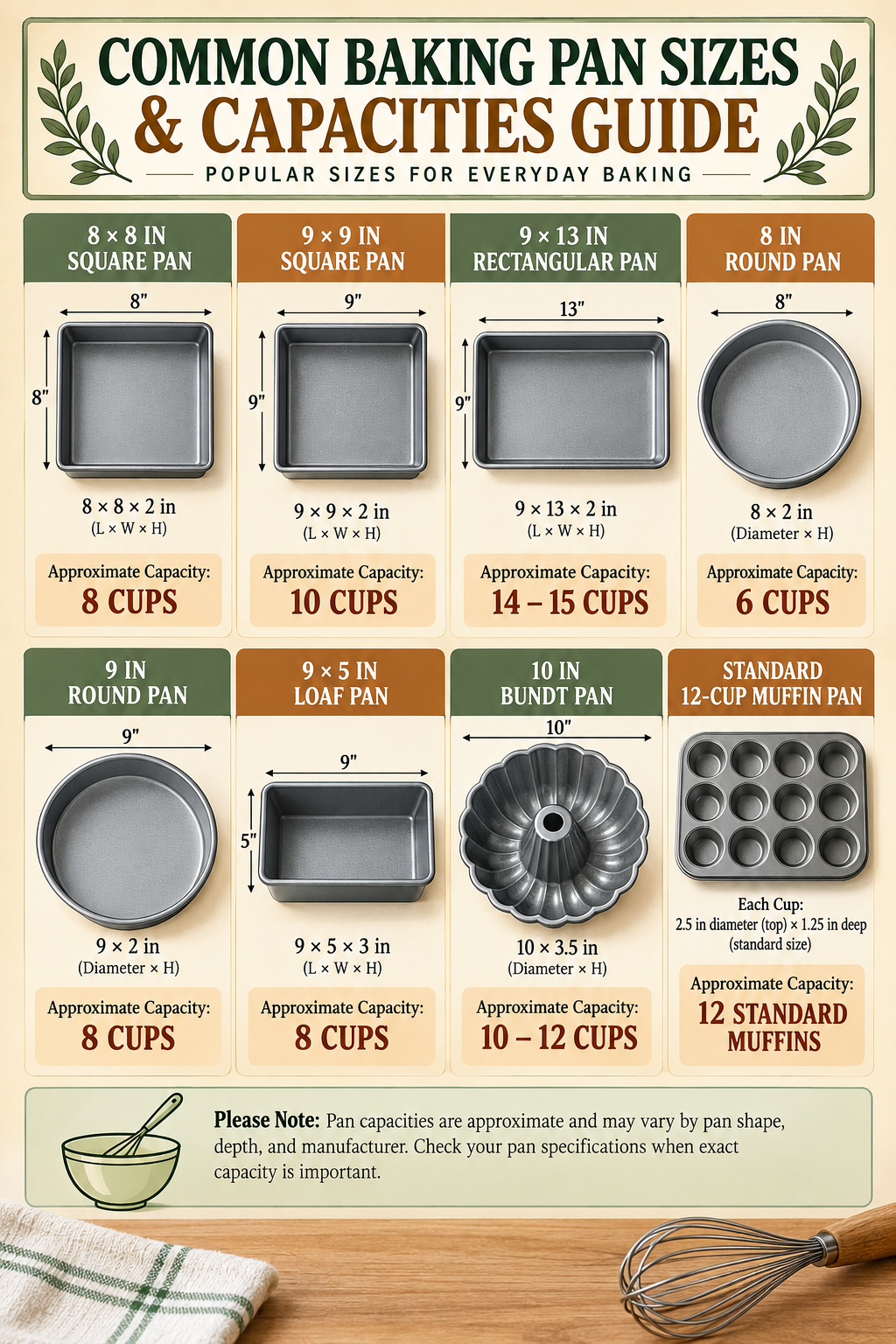 Baking pan sizes and capacities guide poster showing square, rectangular, round, loaf, Bundt and muffin pans