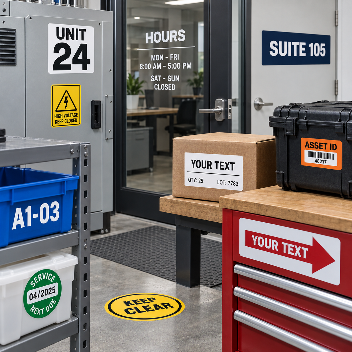 Custom decals and labels applied to equipment, doors, glass, boxes, storage bins, cases and facility surfaces.