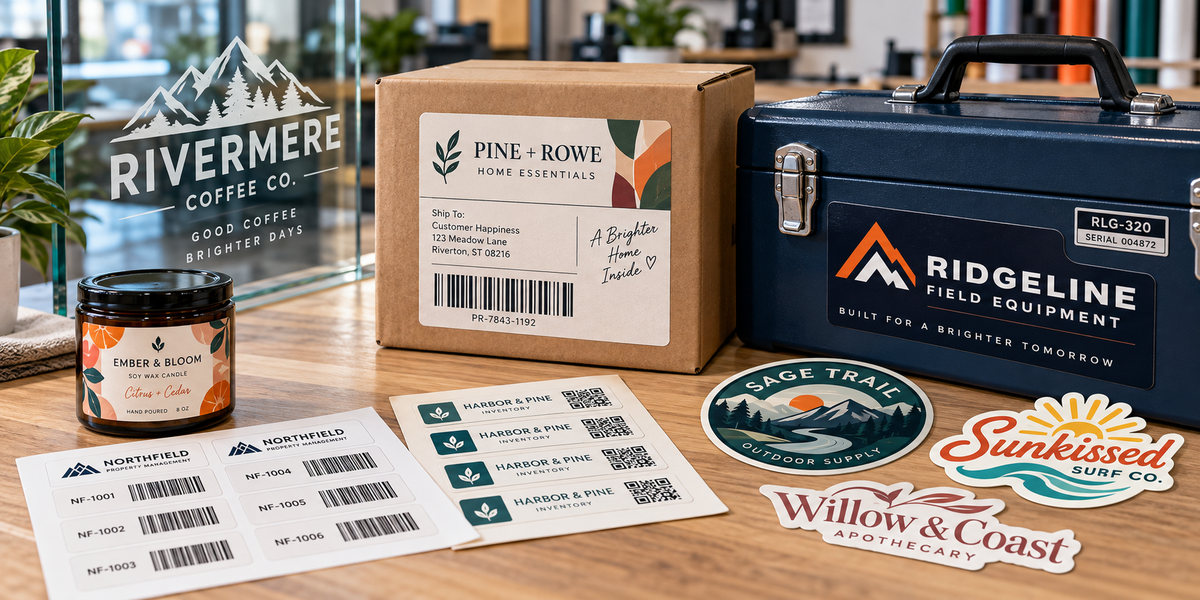 Custom product, shipping, equipment, window, barcode, asset and business logo decals displayed in a professional production workspace.