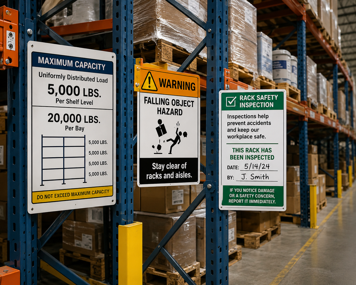 Custom warehouse rack safety and capacity signs