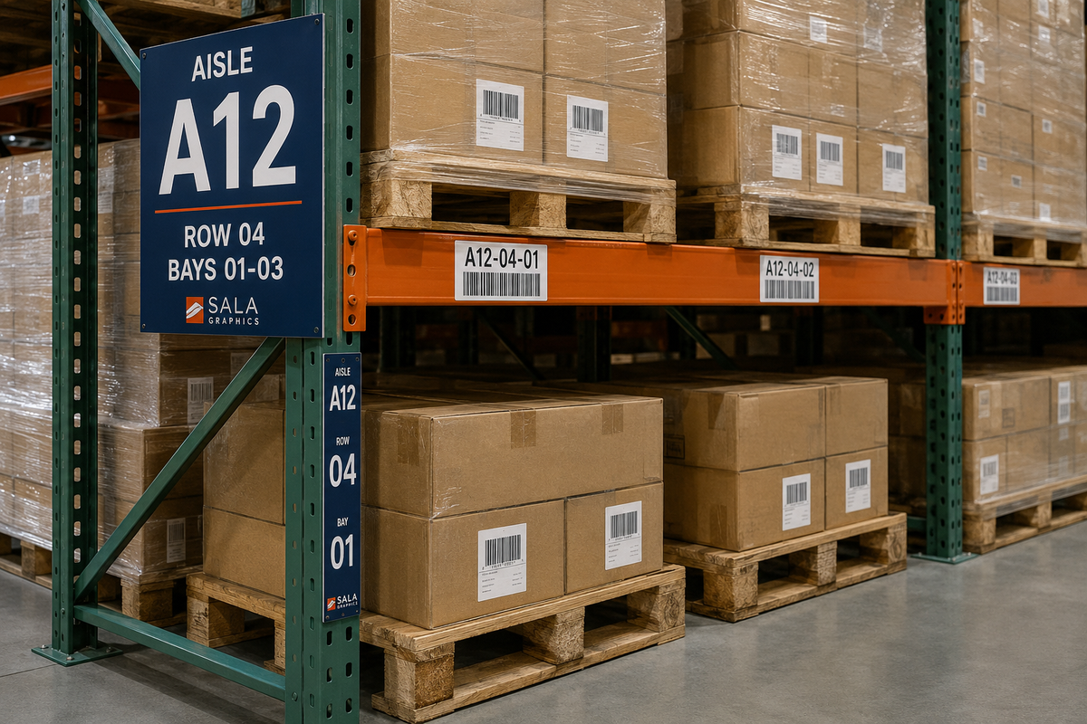 Custom warehouse rack identification signs and labels