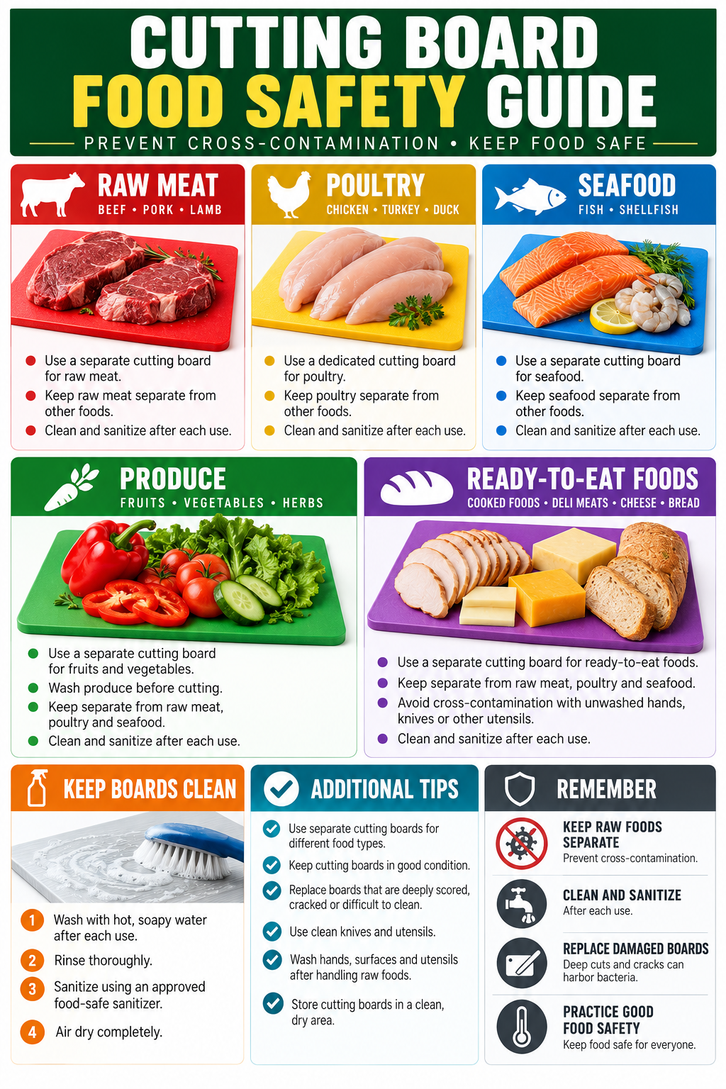 Cutting Board Food Safety Guide poster with cross-contamination prevention and safe food preparation reminders