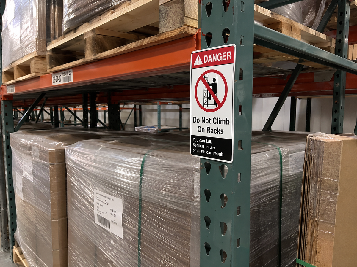 Do Not Climb safety sign mounted on warehouse pallet racking