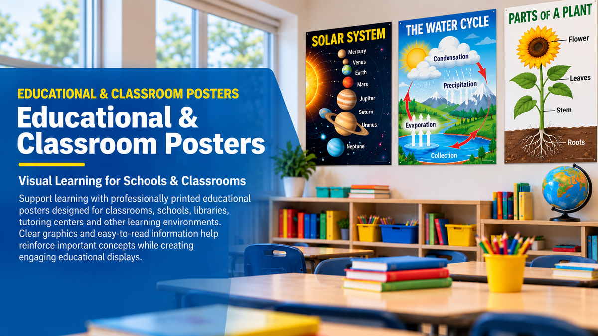 Educational and classroom posters displayed in a school classroom