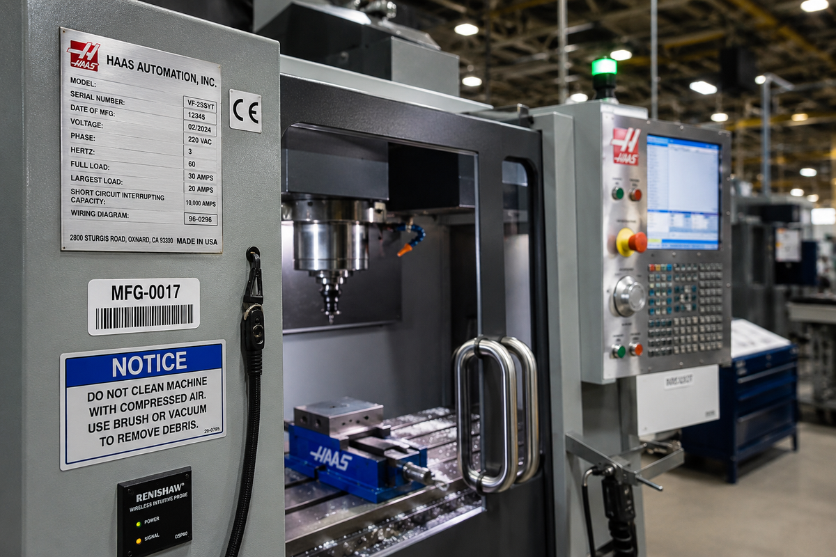 Industrial equipment identification labels on manufacturing machinery