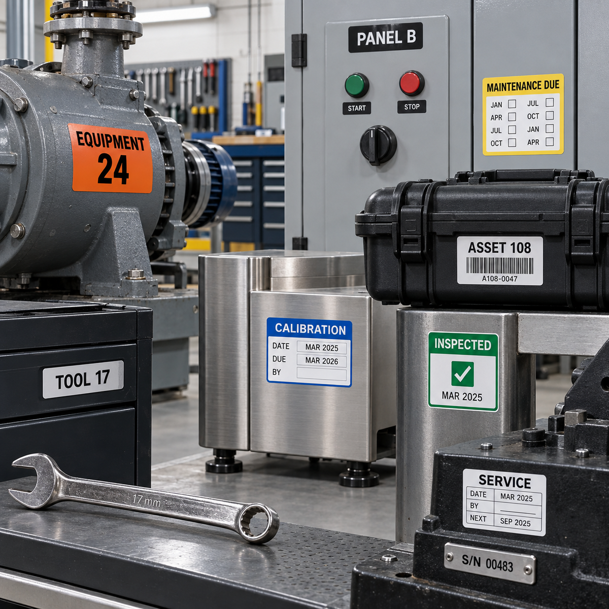 Equipment and asset labels for machinery, tools, control panels, inspection, calibration and maintenance tracking.