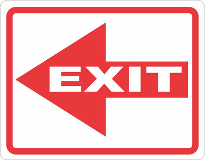 Red exit sign with an arrow on a white background