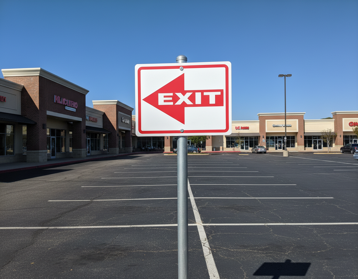 Exit sign in a parking lot with a clear blue sky