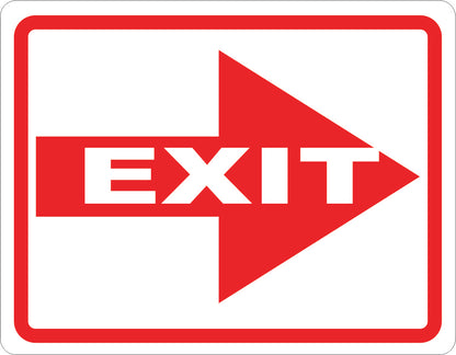 Red and white exit sign with arrow on a white background