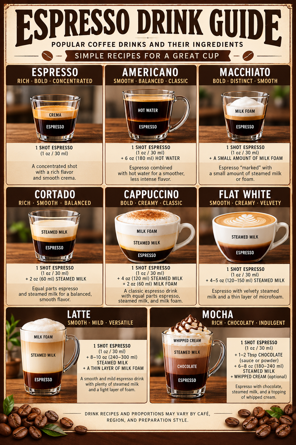 Espresso Drink Guide Poster showing espresso Americano macchiato cortado cappuccino flat white latte and mocha