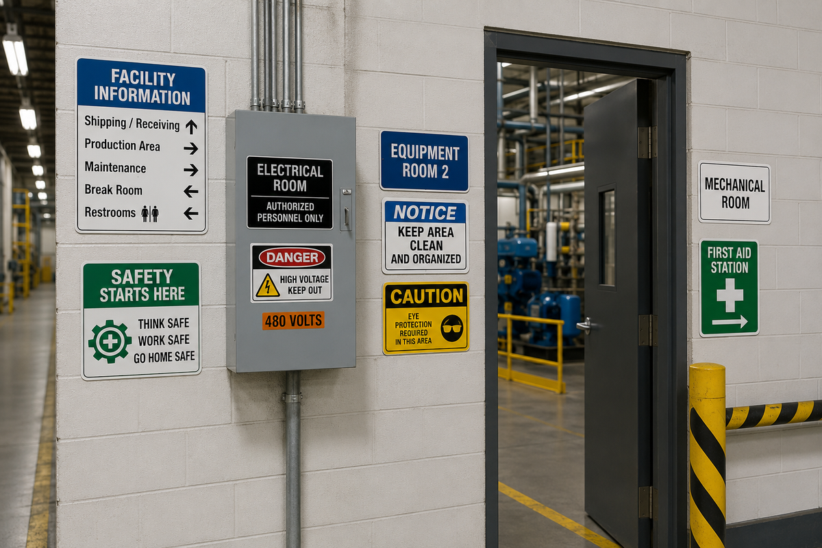 Industrial facility identification signs for rooms, departments, and critical facility areas