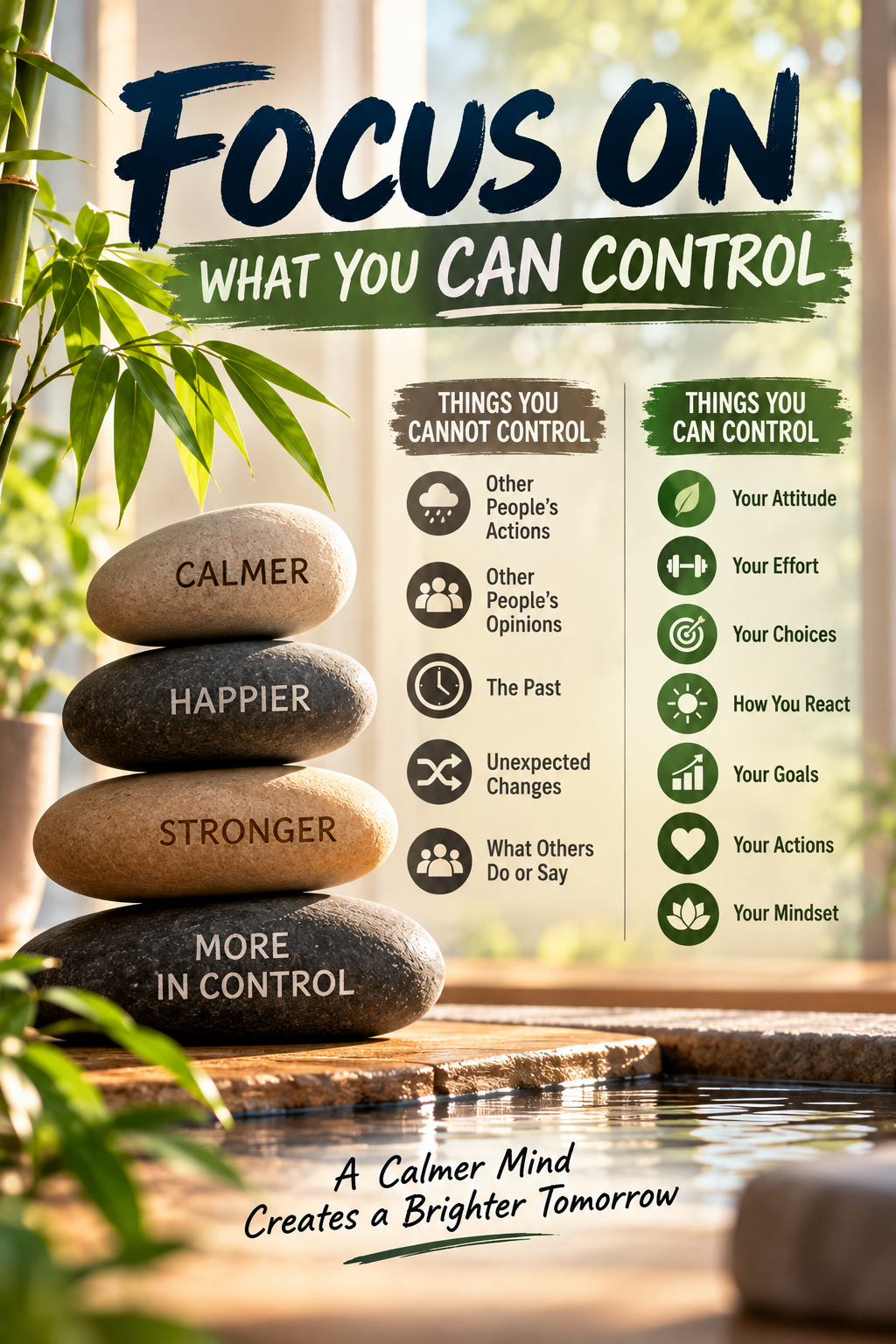 Focus on What You Can Control motivational poster with balanced Zen stones, bamboo and lists of things you can and cannot control
