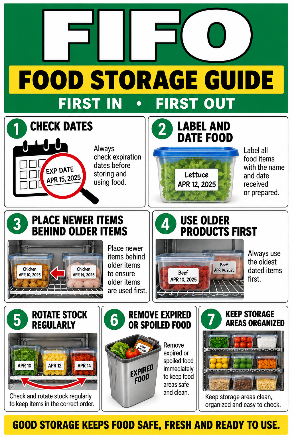 FIFO Food Storage Guide poster showing seven steps for proper food rotation and storage organization