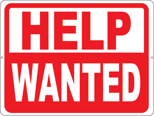 A square red and white sign with the words 'HELP WANTED' in large block letters.