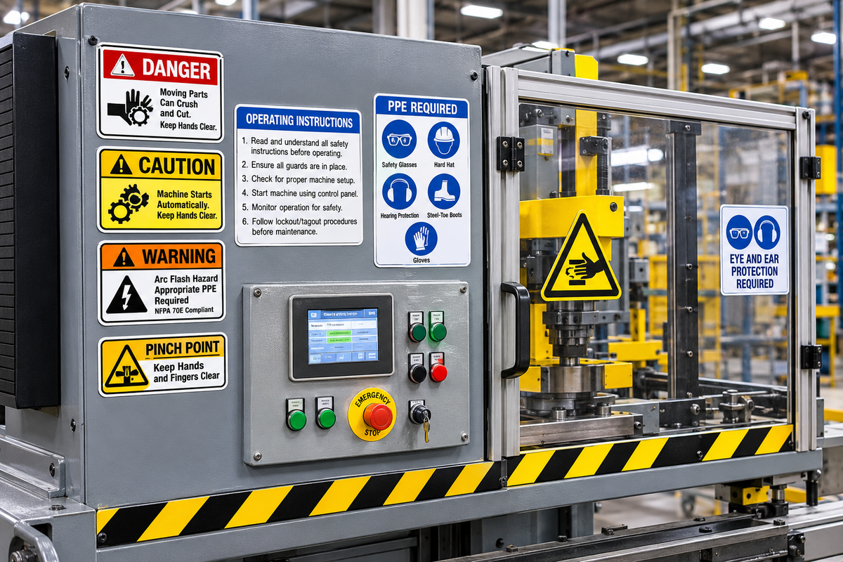 Industrial safety labels and warning decals on manufacturing equipment