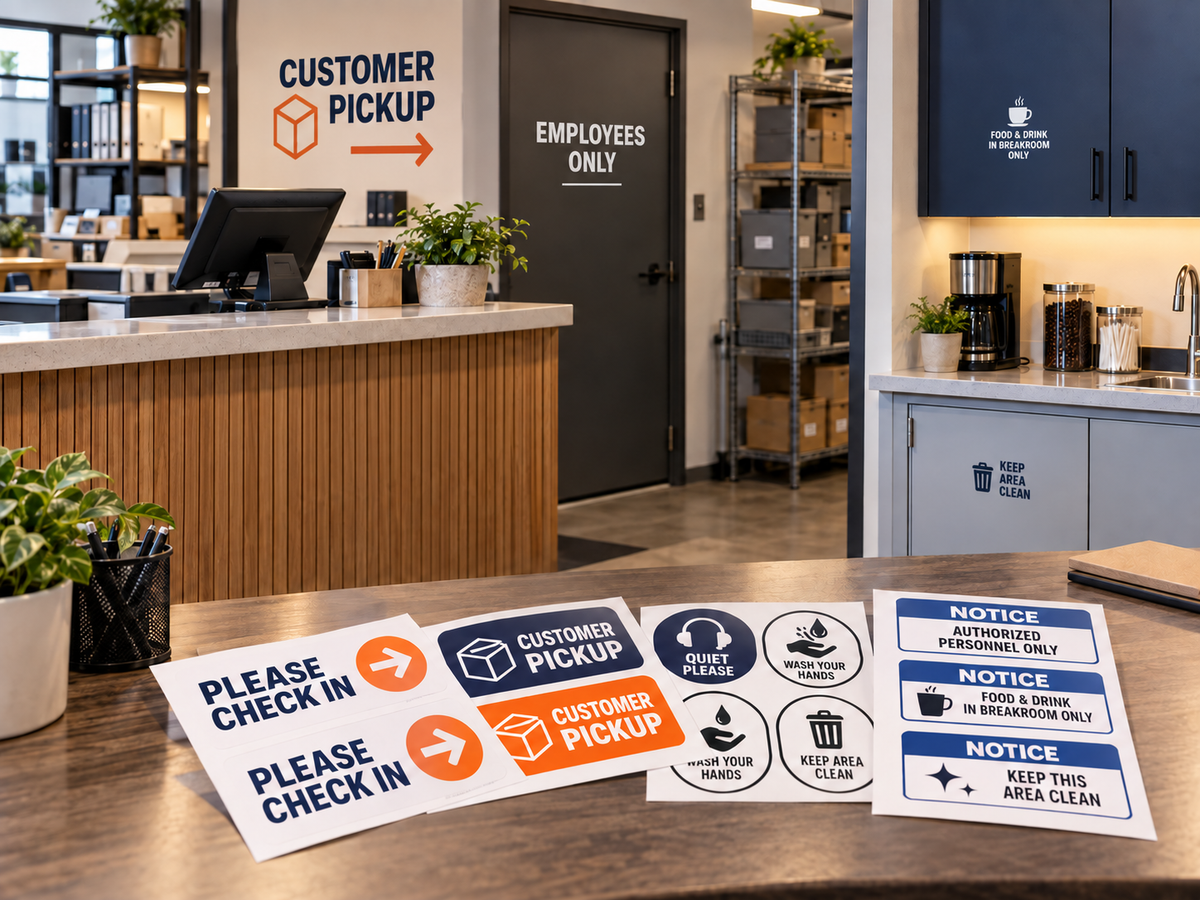 Business and informational decals displayed in an office, customer-service and workplace setting.