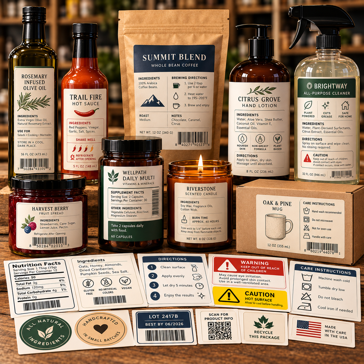 Ingredient, directions, warning and product-information labels displayed on assorted packaged goods and printed label sheets.