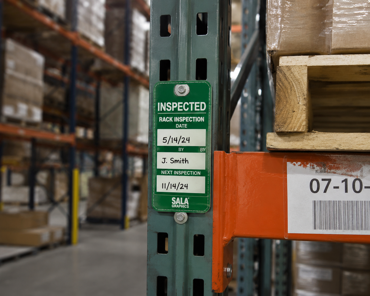 Warehouse pallet rack inspection signs and tags