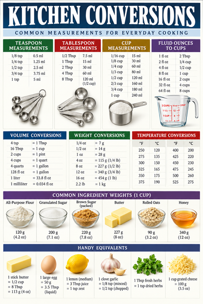 Kitchen Conversions poster featuring cooking measurement, volume, weight and temperature conversion charts