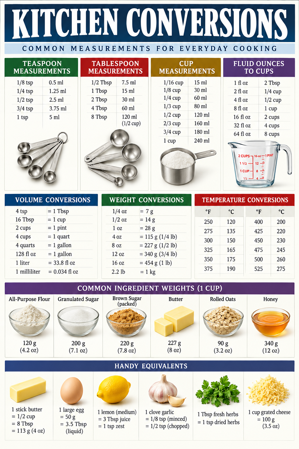 Kitchen Conversions poster featuring cooking measurement, volume, weight and temperature conversion charts