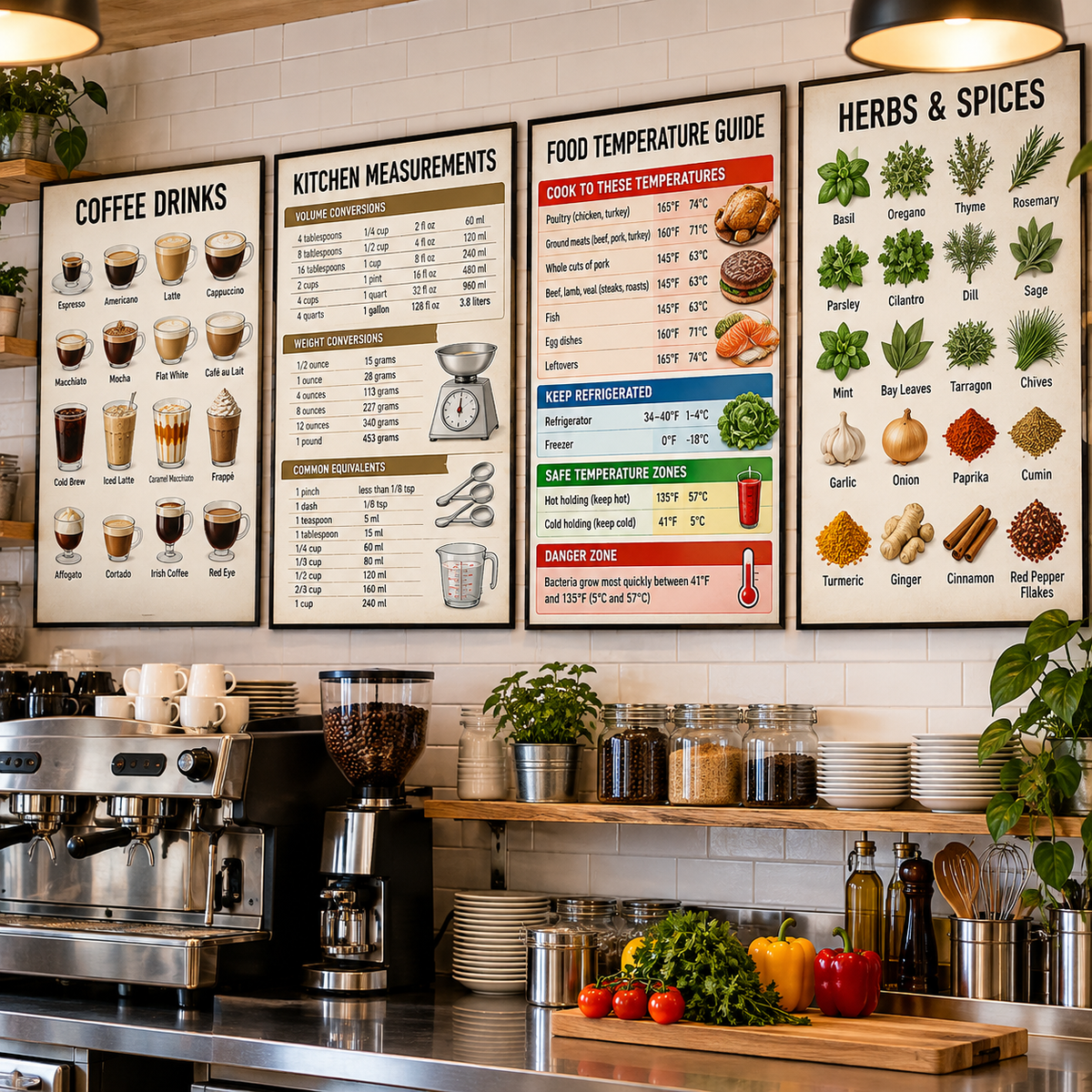 Kitchen, food and coffee posters displayed in a café and commercial kitchen setting