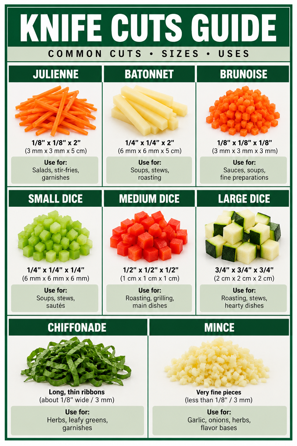 Knife Cuts Guide poster showing julienne, batonnet, brunoise, dice, chiffonade and mince cutting styles