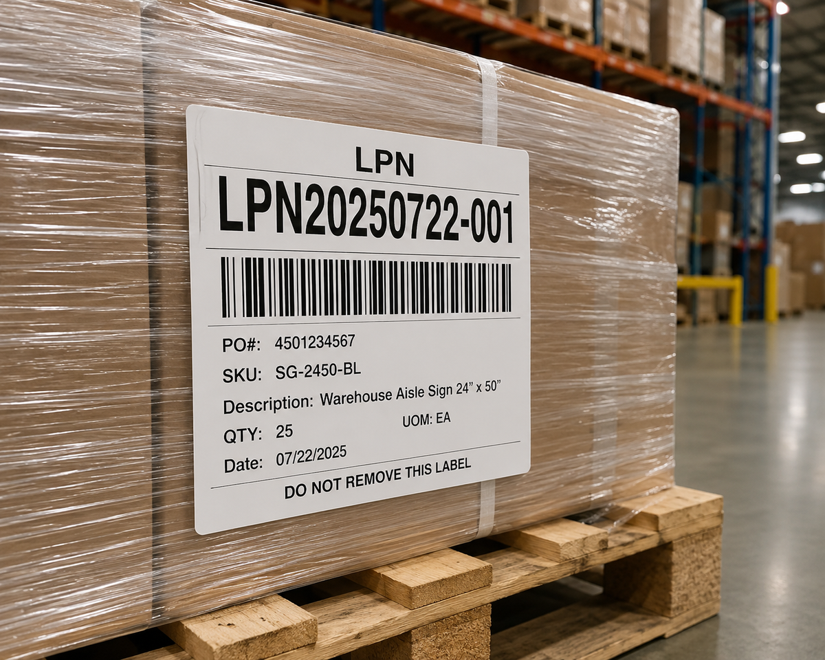 LPN barcode label applied to a palletized warehouse shipment