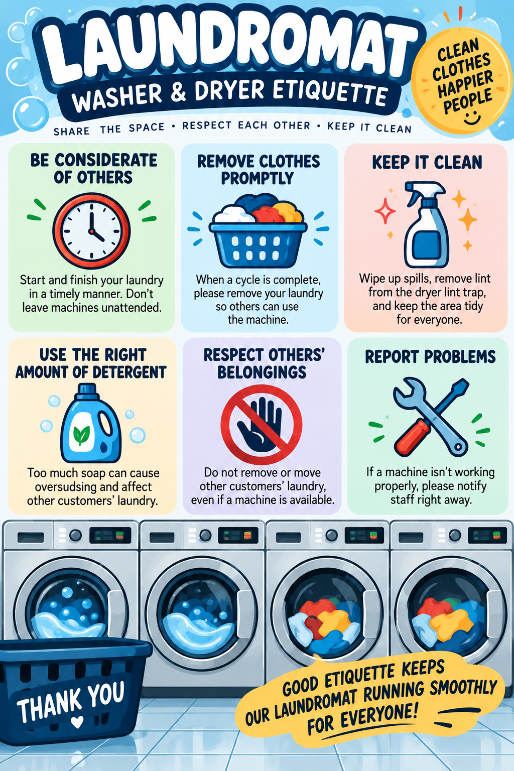 Laundromat washer and dryer etiquette poster with colorful illustrated reminders for proper shared laundry room use