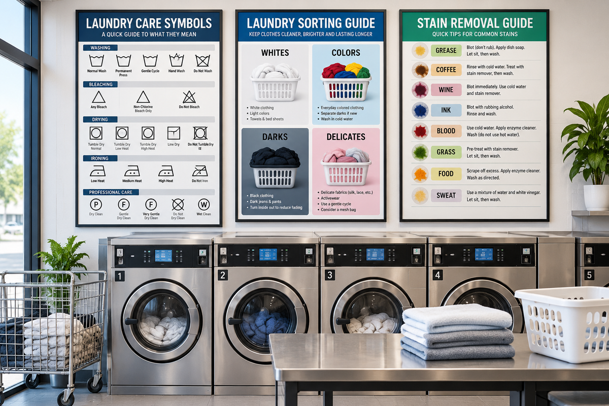 Laundry care, sorting and stain removal posters displayed in a modern laundromat