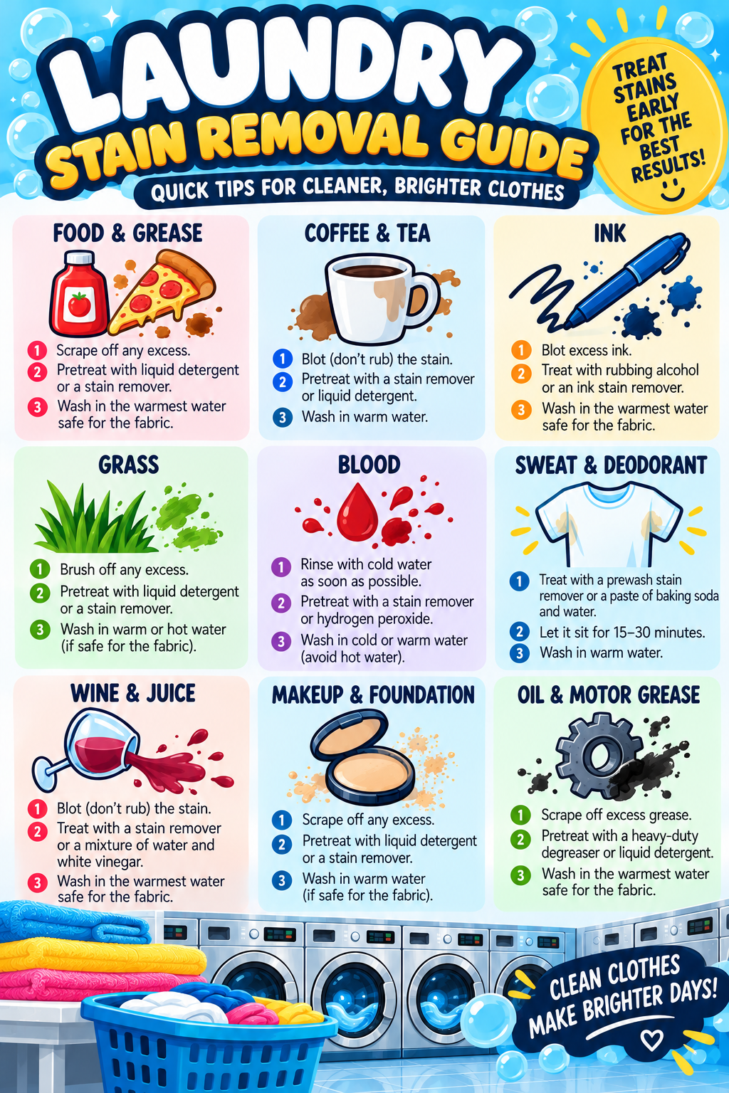 Laundromat customer stain removal guide poster with illustrated tips for treating common clothing stains