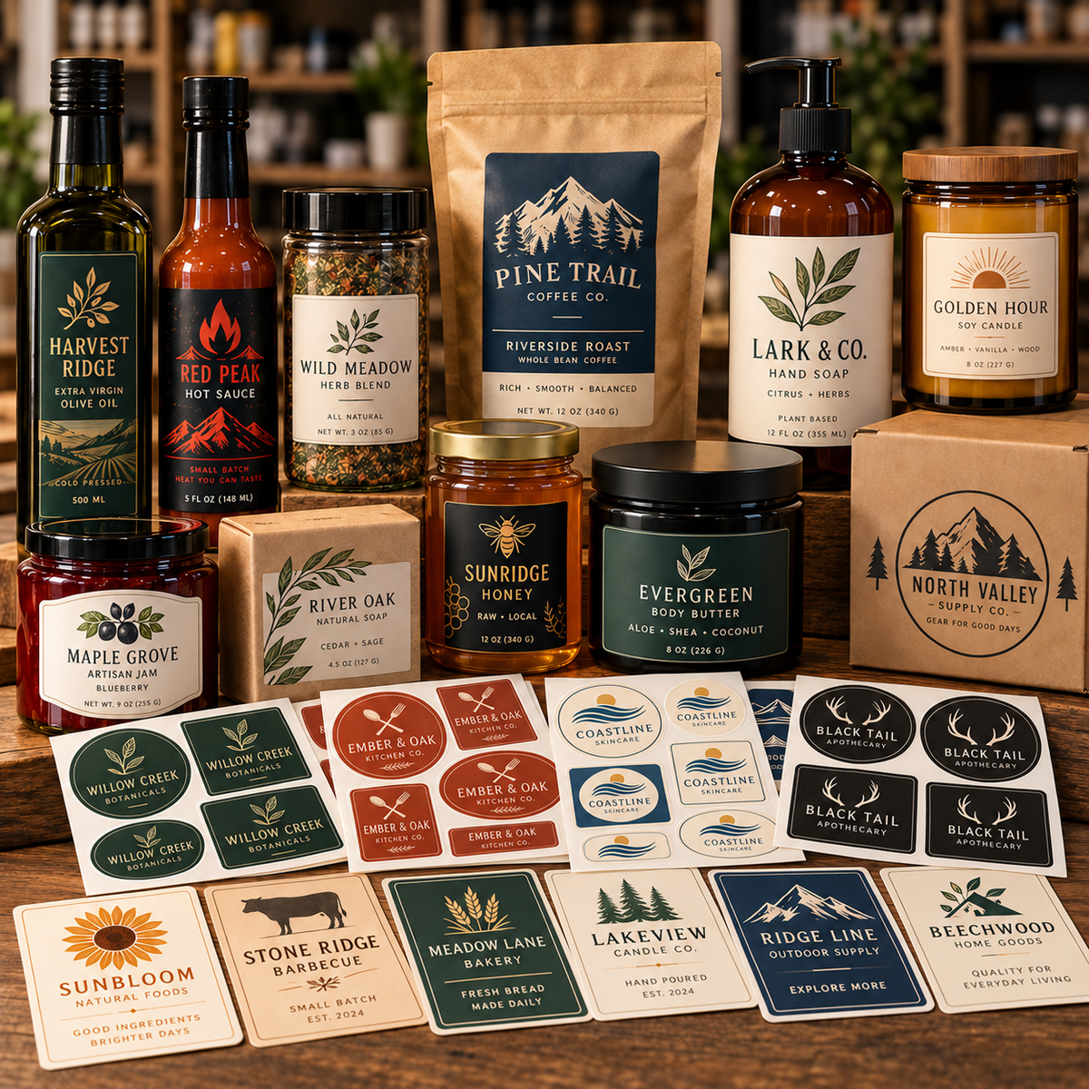Custom brand and logo labels displayed on assorted products, packaging and printed label sheets.