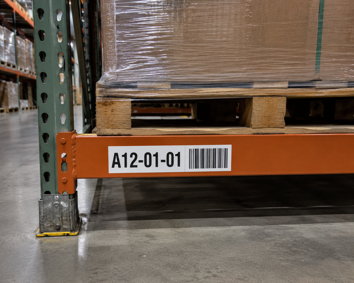 Warehouse floor and low-level rack identification labels