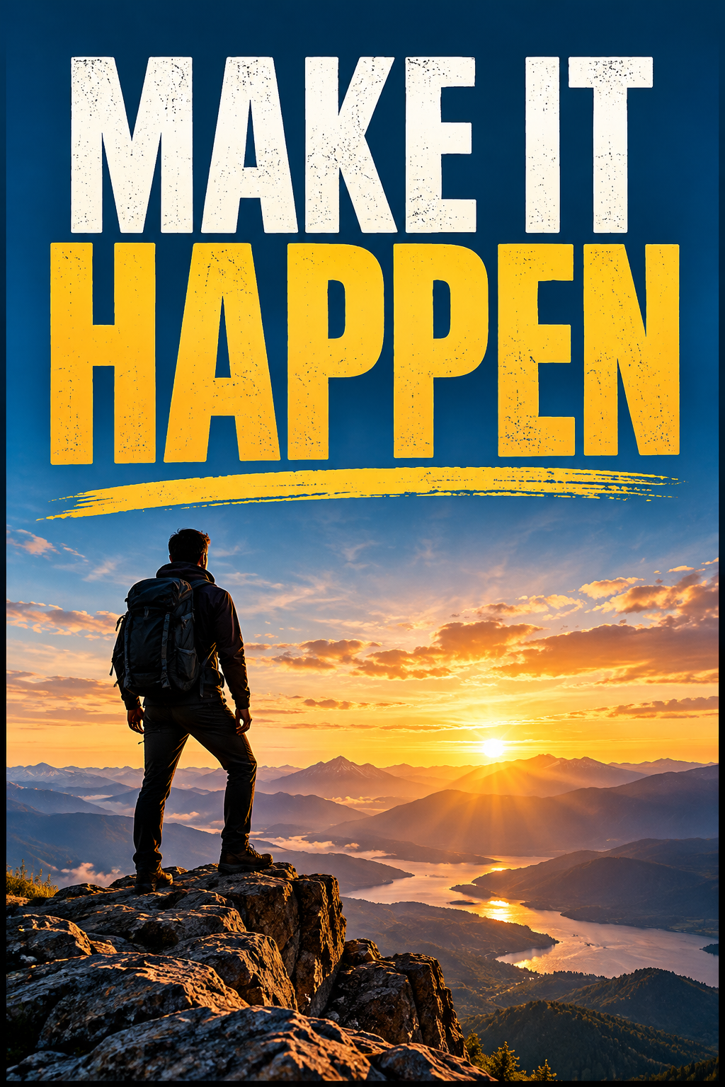 Make It Happen motivational office poster featuring a hiker overlooking mountains at sunrise