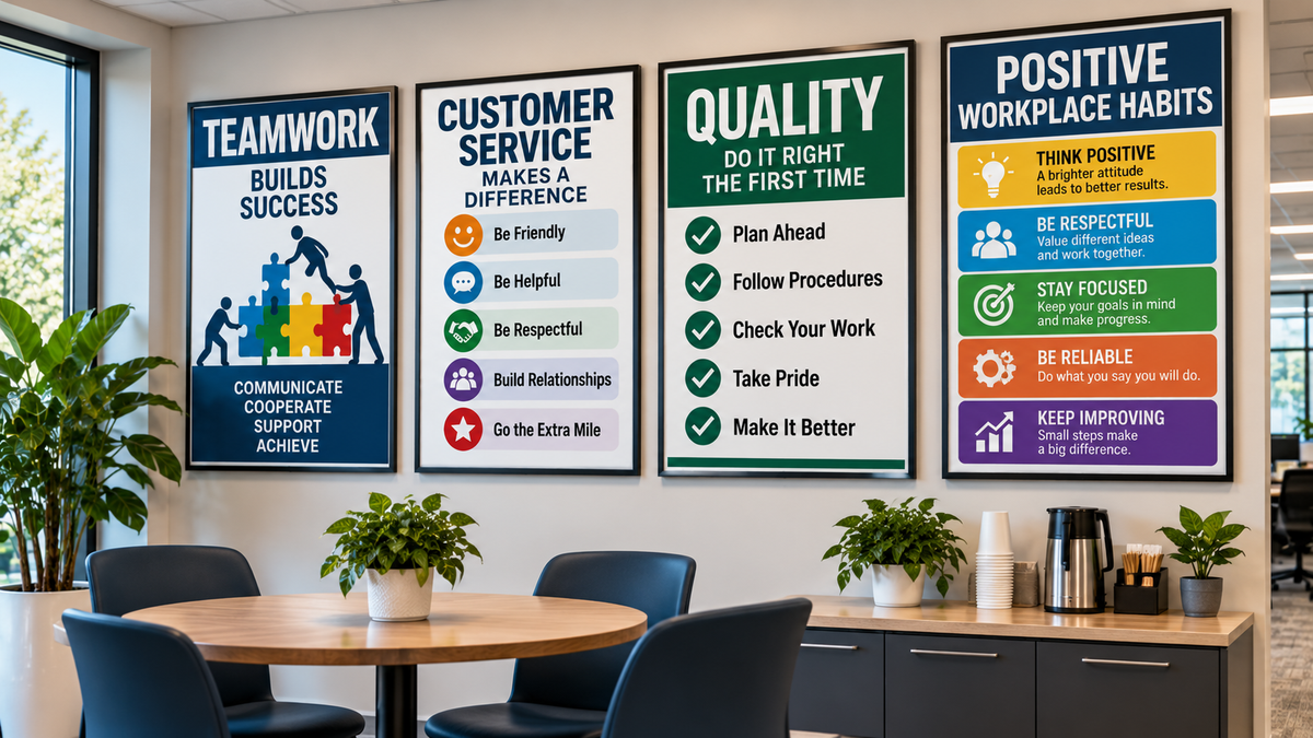 Office and motivational posters featuring teamwork, customer service, quality and positive workplace habits