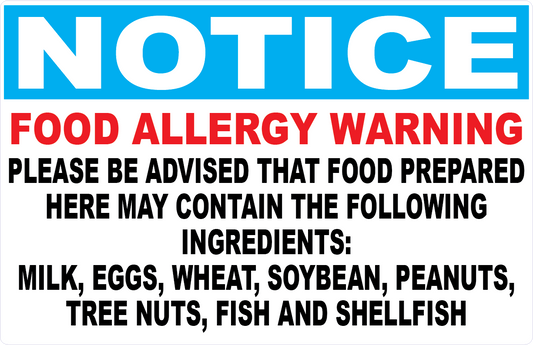 Notice Food Allergy Warning Decal
