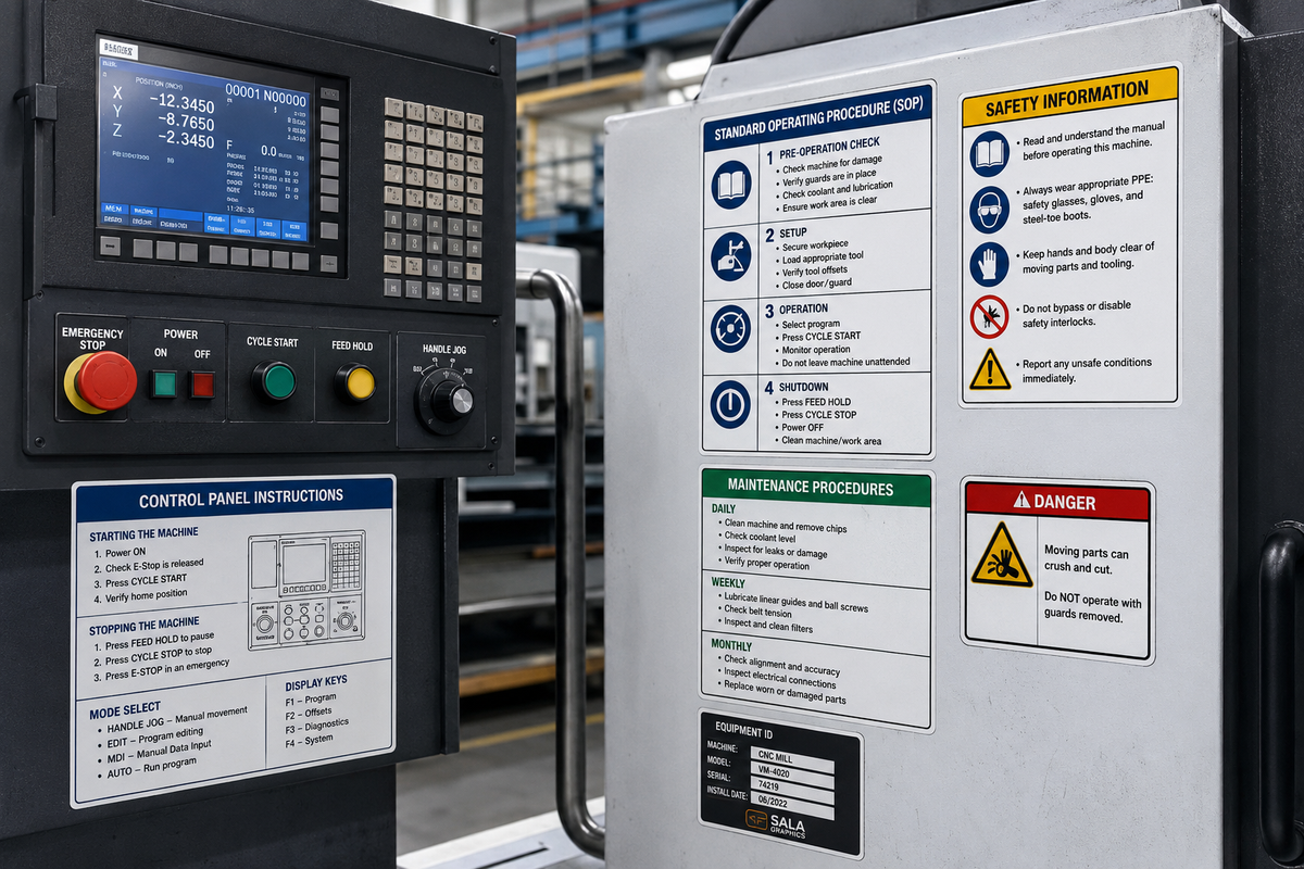 Operating instruction and maintenance labels on industrial manufacturing equipment