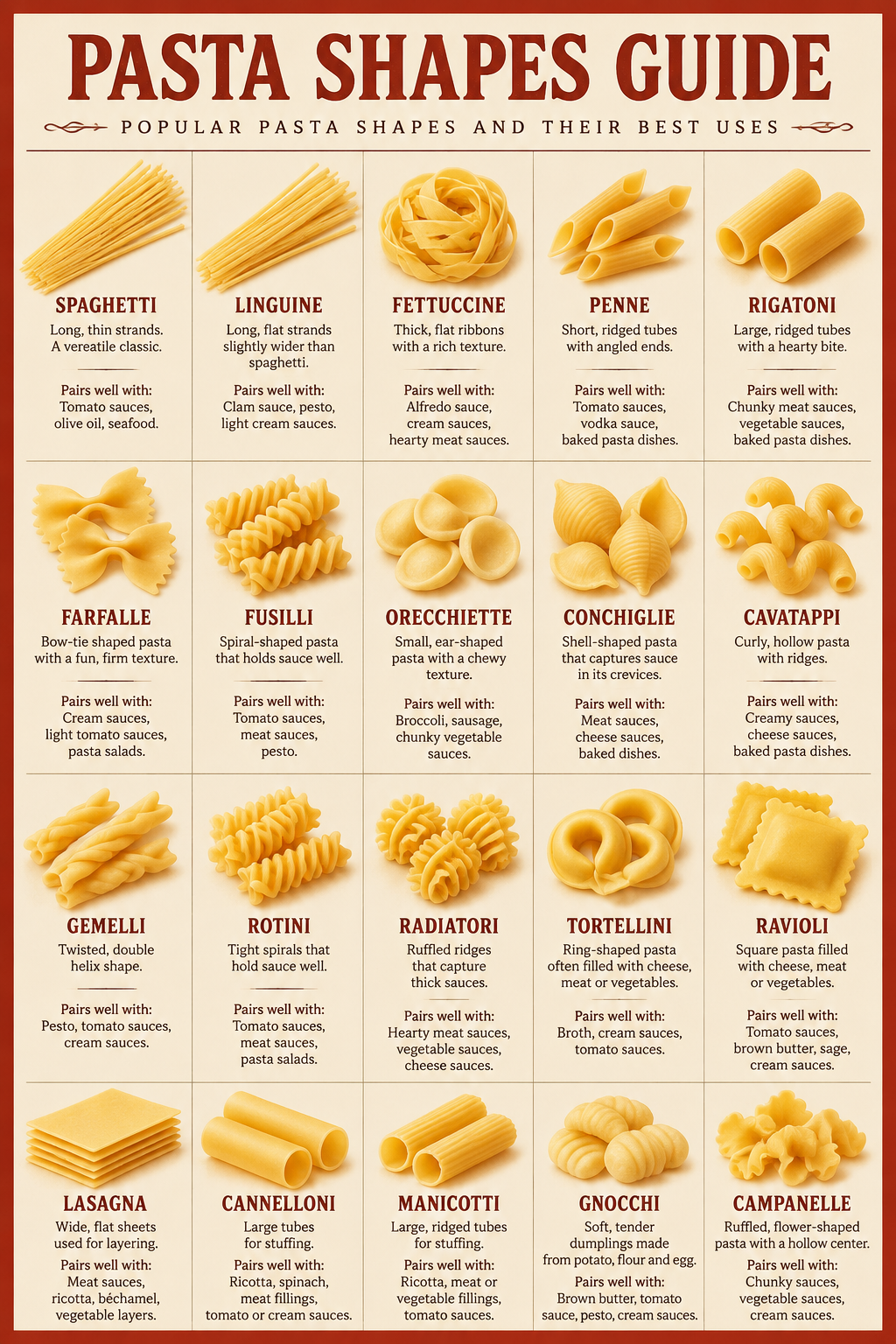 Pasta Shapes Guide poster featuring common pasta varieties with descriptions and suggested sauce pairings