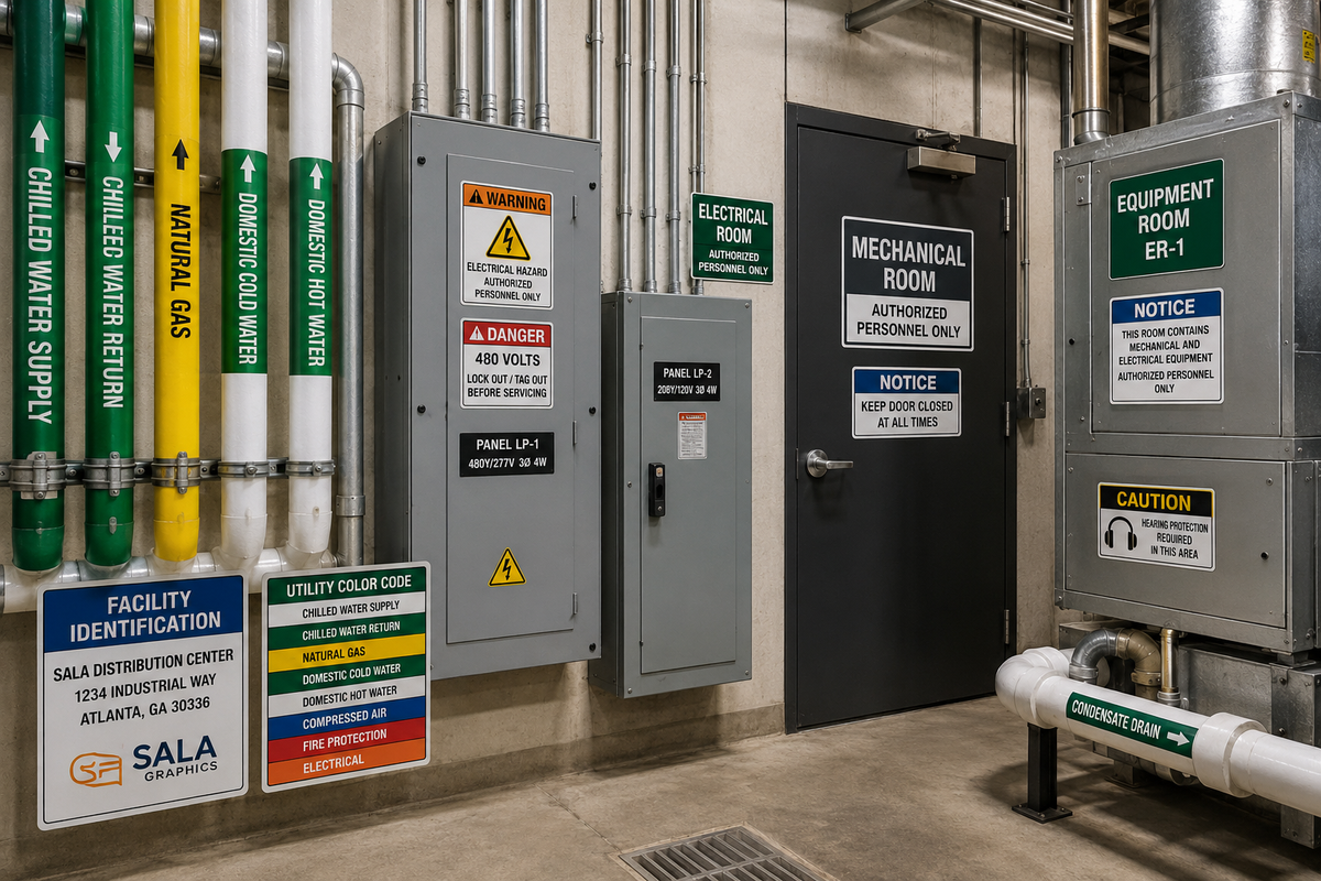 Industrial facility with pipe markers, utility labels, and facility identification signs