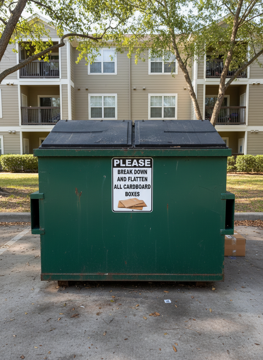 Green dumpster with a recycling sign in front of an apartment building