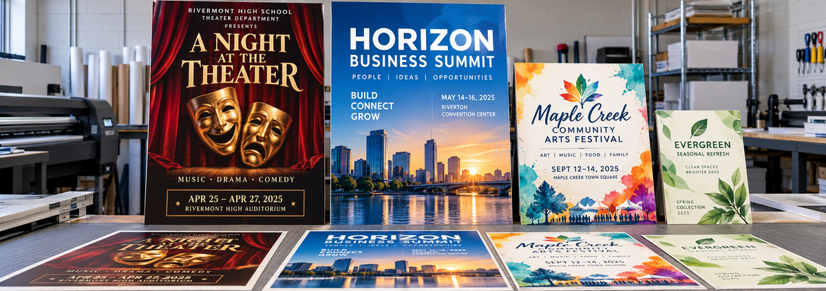 Custom theater, business conference, community arts and retail promotion posters with additional flat prints displayed in a professional print studio.