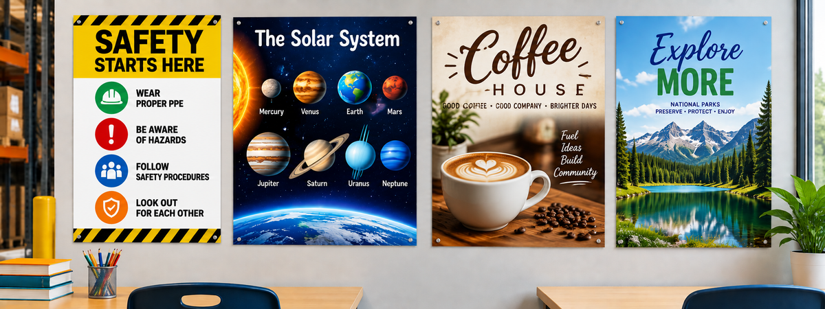 Workplace safety, educational, coffee and decorative posters displayed together