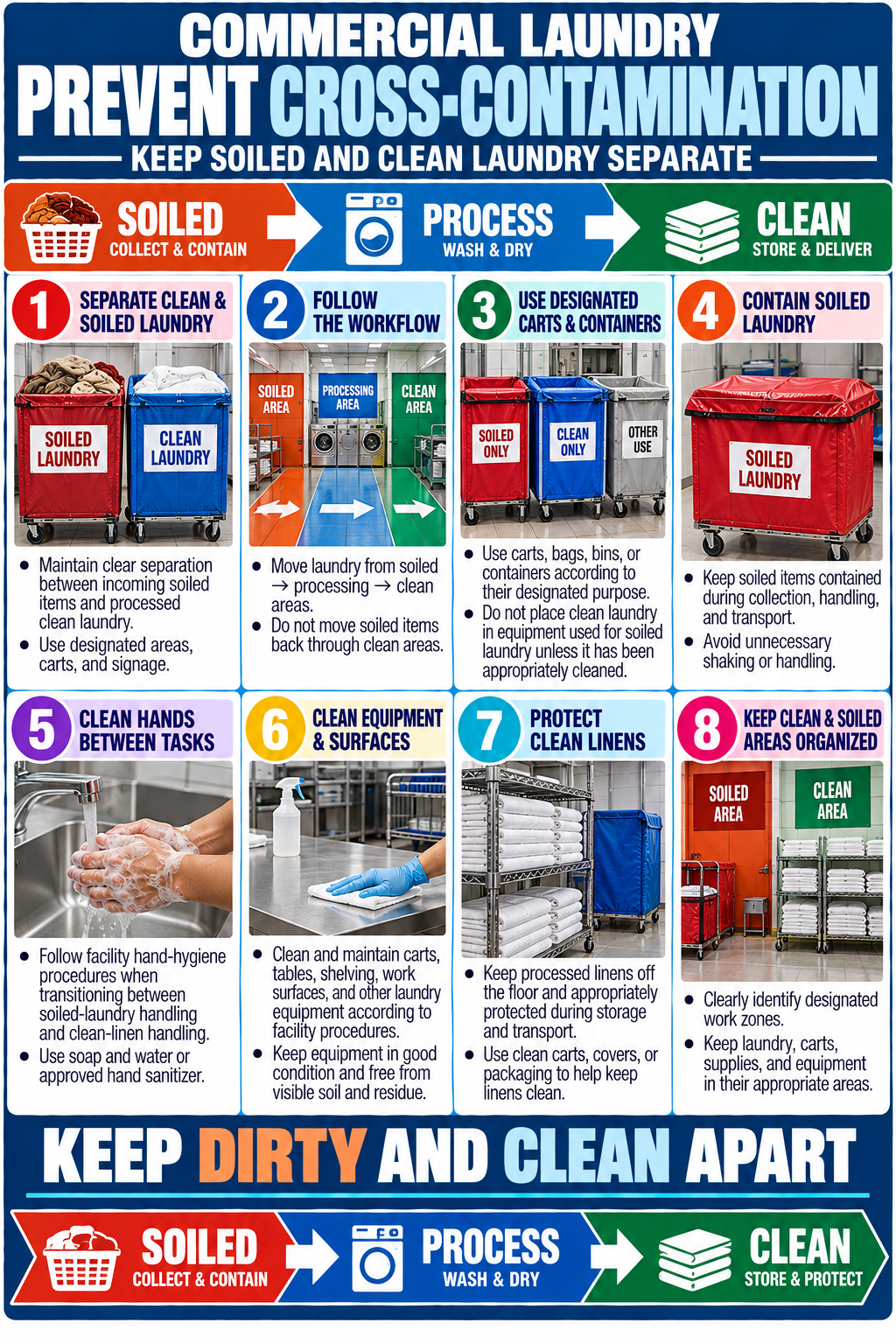 Commercial laundry cross-contamination prevention poster showing clean and soiled laundry separation, designated carts, workflow, hand hygiene and linen protection