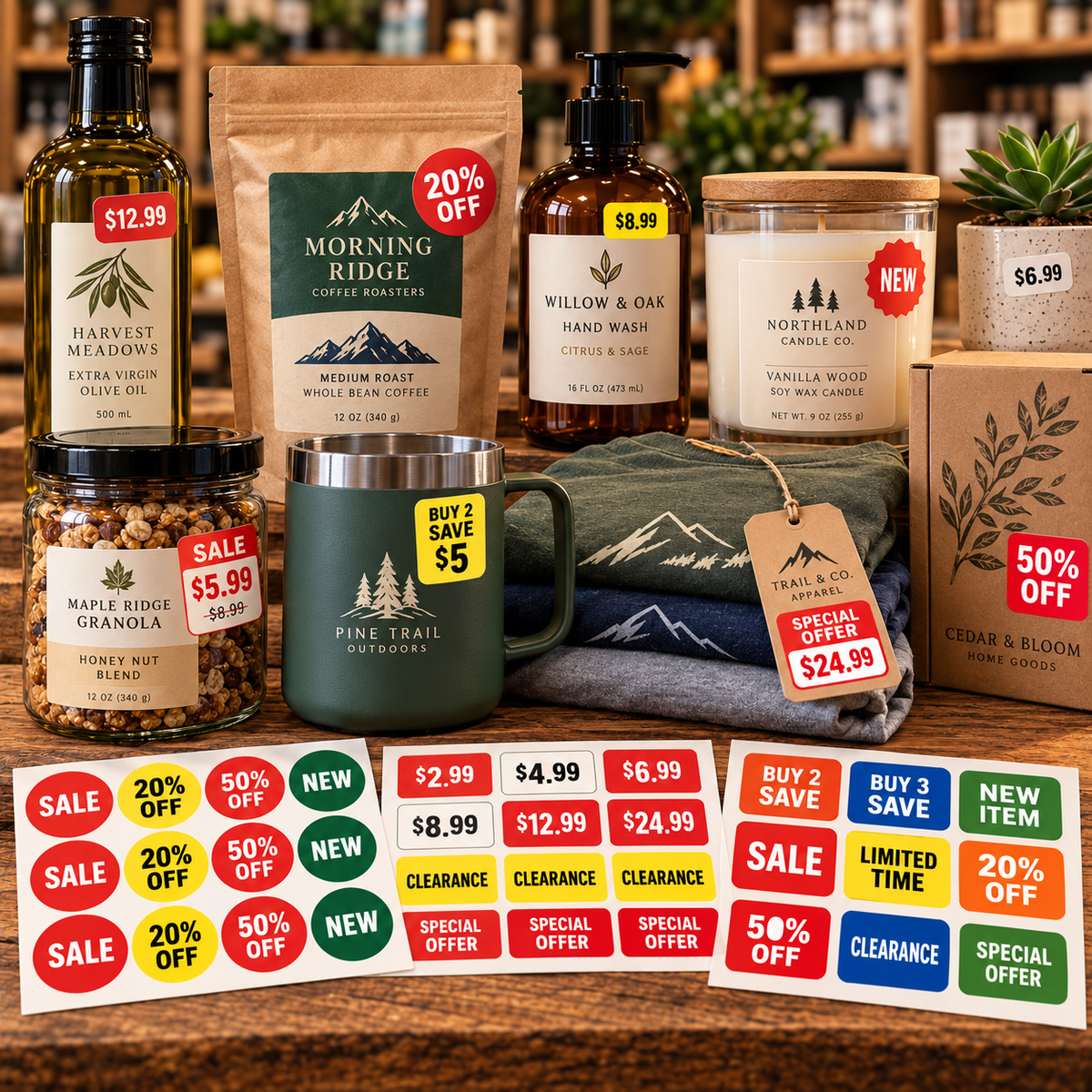 Price, sale, discount and promotional labels displayed on assorted retail merchandise and printed label sheets.