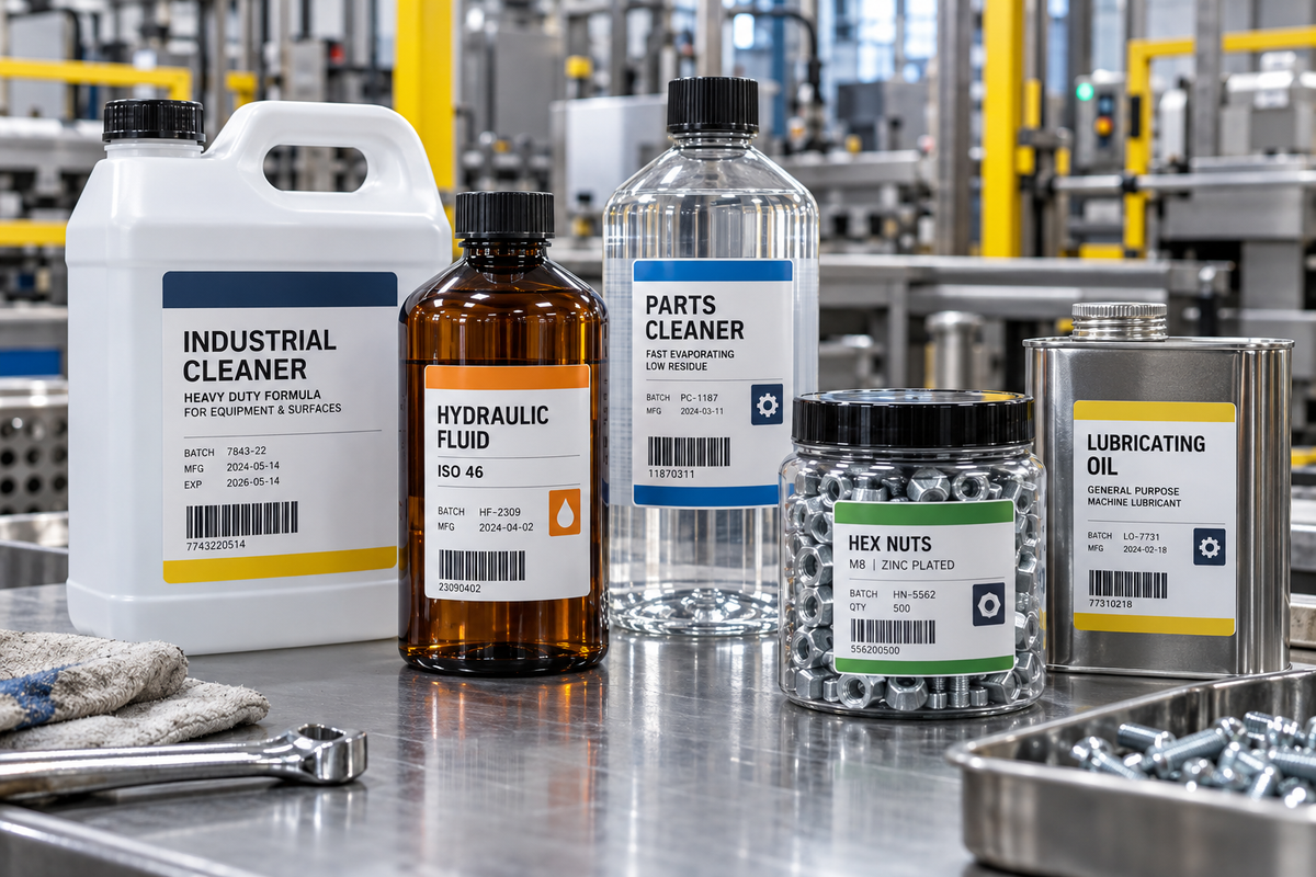 Industrial product labels applied to cleaner, hydraulic fluid, parts and lubricant containers in a manufacturing facility.