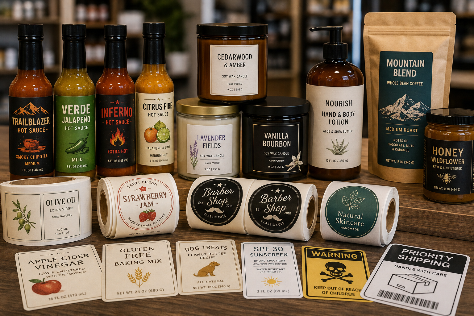 Retail product labels, shelf graphics, pricing labels, and merchandising identification