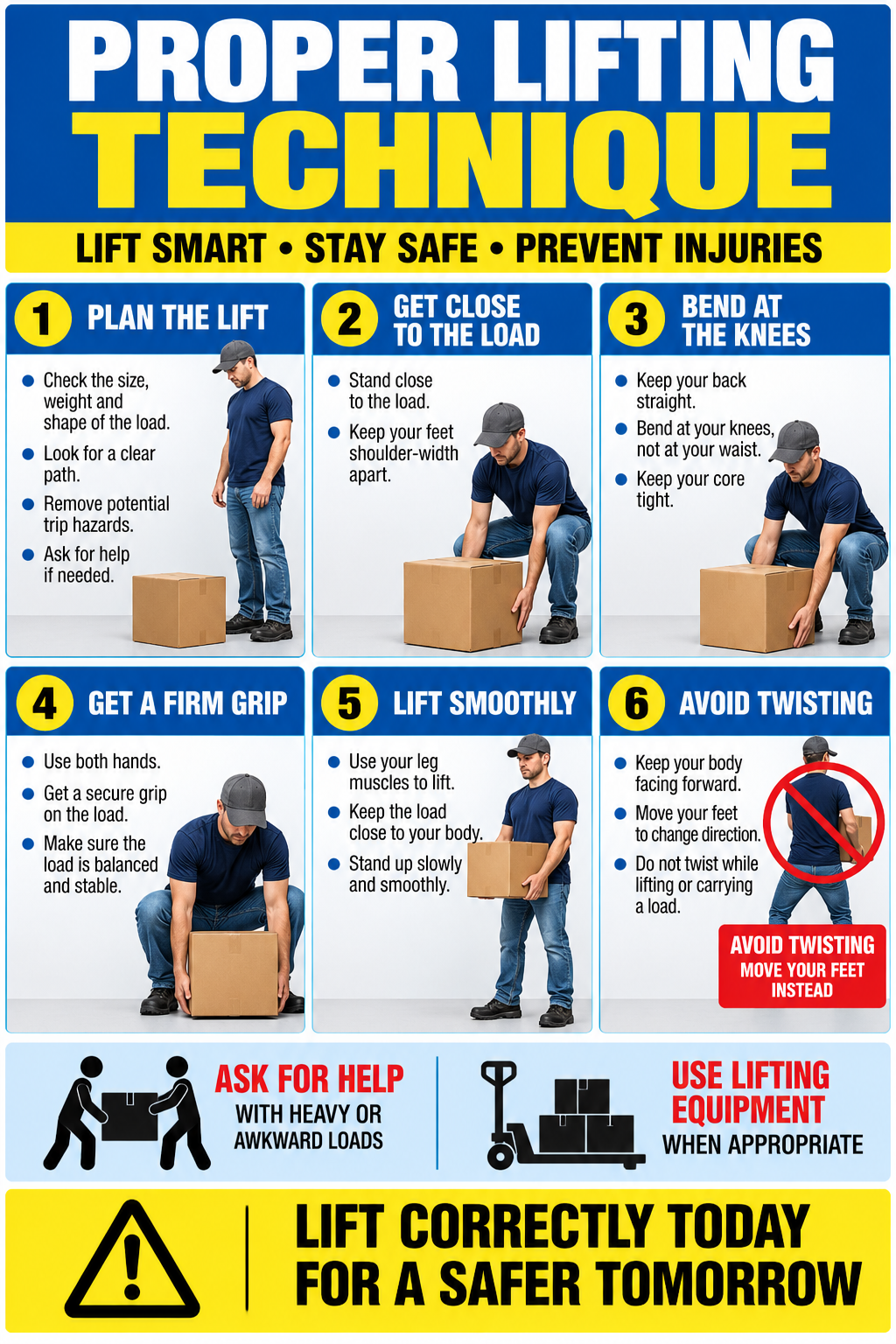 Proper Lifting Technique safety poster showing six steps for lifting loads safely