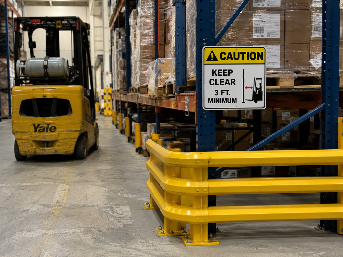 Warehouse rack protection and clearance safety signs