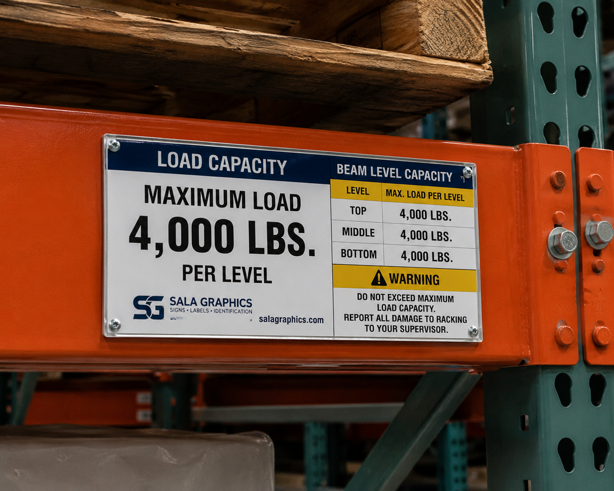 Warehouse pallet rack capacity and load limit sign