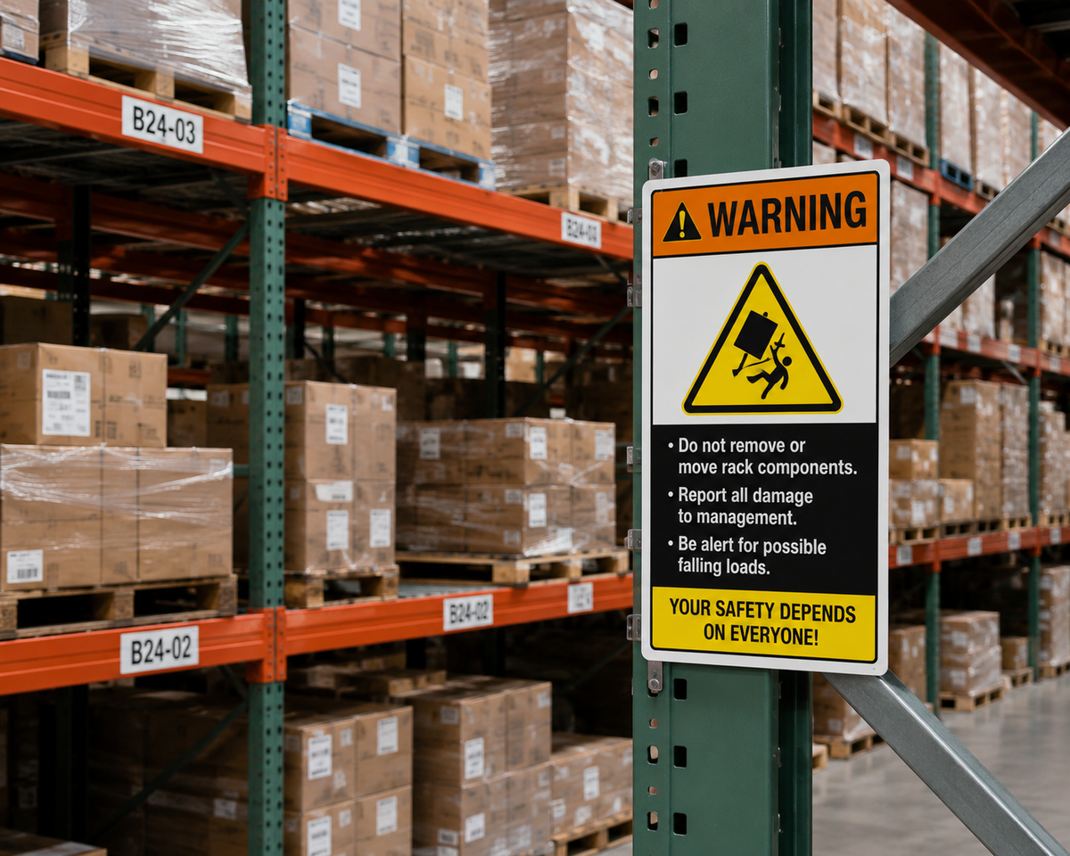 Warehouse pallet rack safety and warning signs